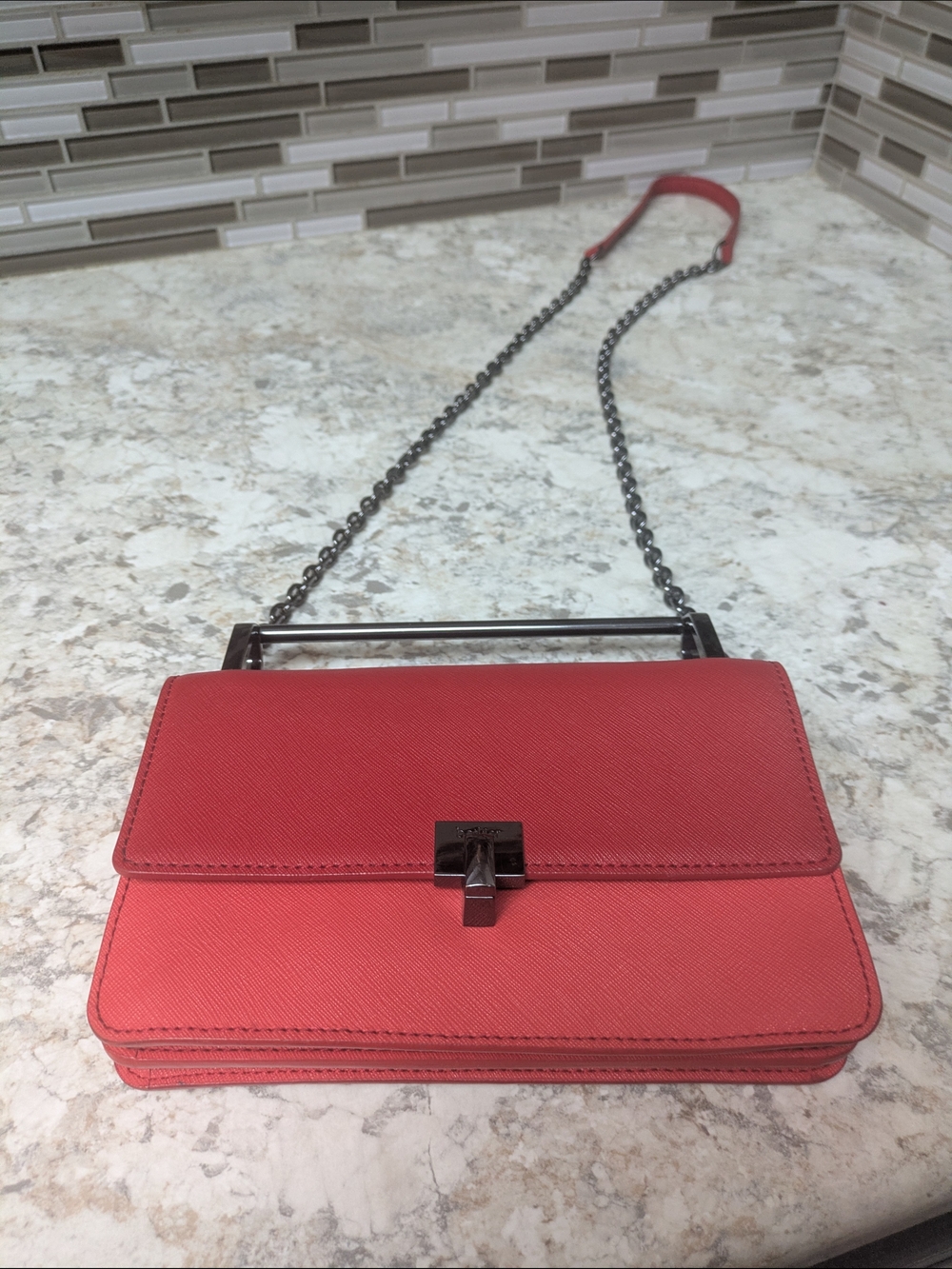 Botkier Coral Red Leather Crossbody Bag with Gunmetal Chain
